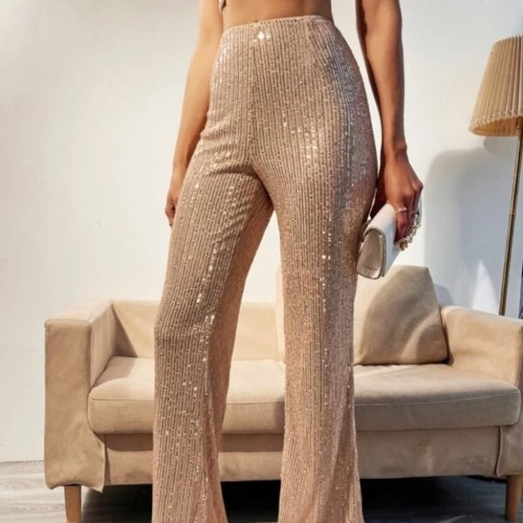 Sequin High Waist Flare Leg Pants Champagne - Picture 3 of 6